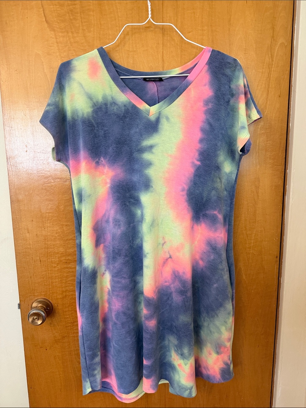 HEIMISH USA Neon Tie-Dye V-Neck Mini Dress - Pink, Lime & Navy